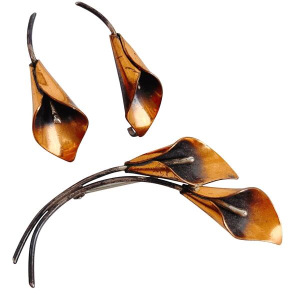 Vintage Signed Stuart Nye Sterling Copper Calla Lily Brooch Earrings Set - Picture 1 of 10